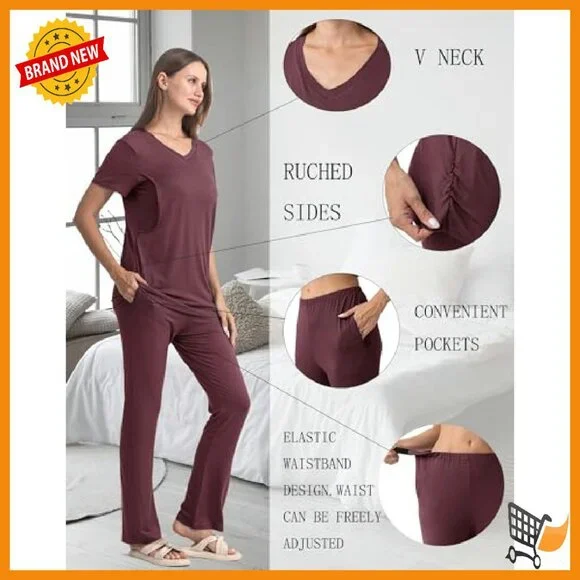 Maternity Nursing Pajama Set V-Neck Breastfeeding Sleepwear with Pockets